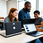 A diverse group of adults of varying ages, fully clothed in modest, appropriate attire, gathered in a brightly lit, modern community center. They are actively engaged with laptops and smartphones, some conversing in small groups, looking at civic engagement platforms displayed on large wall-mounted screens. The atmosphere is collaborative and inclusive, reflecting accessible participation. safe for work, appropriate content, professional, family-friendly, perfect anatomy, correct proportions, natural pose, well-formed hands, proper finger count, natural body proportions, professional photography, high quality.