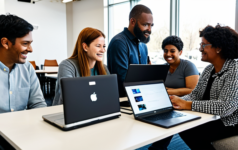 A diverse group of adults of varying ages, fully clothed in modest, appropriate attire, gathered in a brightly lit, modern community center. They are actively engaged with laptops and smartphones, some conversing in small groups, looking at civic engagement platforms displayed on large wall-mounted screens. The atmosphere is collaborative and inclusive, reflecting accessible participation. safe for work, appropriate content, professional, family-friendly, perfect anatomy, correct proportions, natural pose, well-formed hands, proper finger count, natural body proportions, professional photography, high quality.