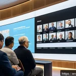 Home 18 시빅테크와 소셜 임팩트의 관계 - A diverse group of community members engaging in a vibrant digital town hall meeting on large intera...