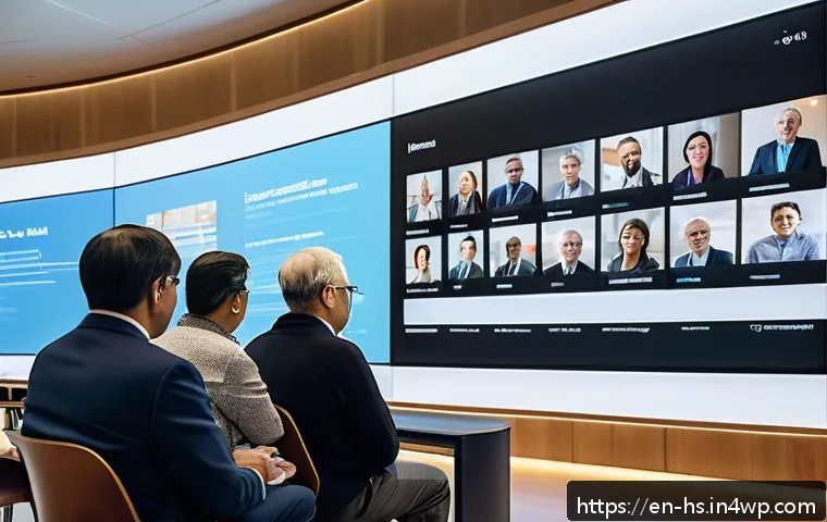 시빅테크와 소셜 임팩트의 관계 - A diverse group of community members engaging in a vibrant digital town hall meeting on large intera...