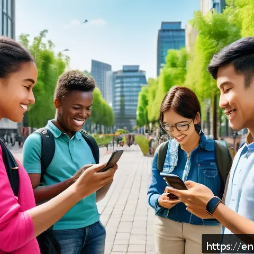 시빅테크의 비즈니스 모델 혁신 사례 - A vibrant urban scene showcasing diverse citizens using a mobile-first civic engagement app on smart...